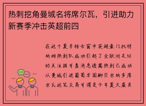 热刺挖角曼城名将席尔瓦，引进助力新赛季冲击英超前四
